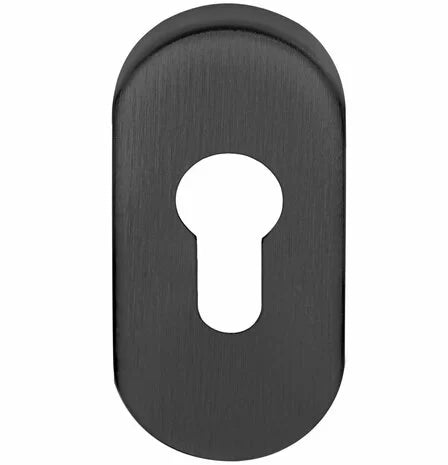 Formani Cilinderplaatje Ovaal BASIC LBY32 PVD Gunmetal — grijs ovaal profielcilinder-rozet in donker-metalen PVD-coating voor moderne villa-voordeur of binnendeur met ovaal design-statement.