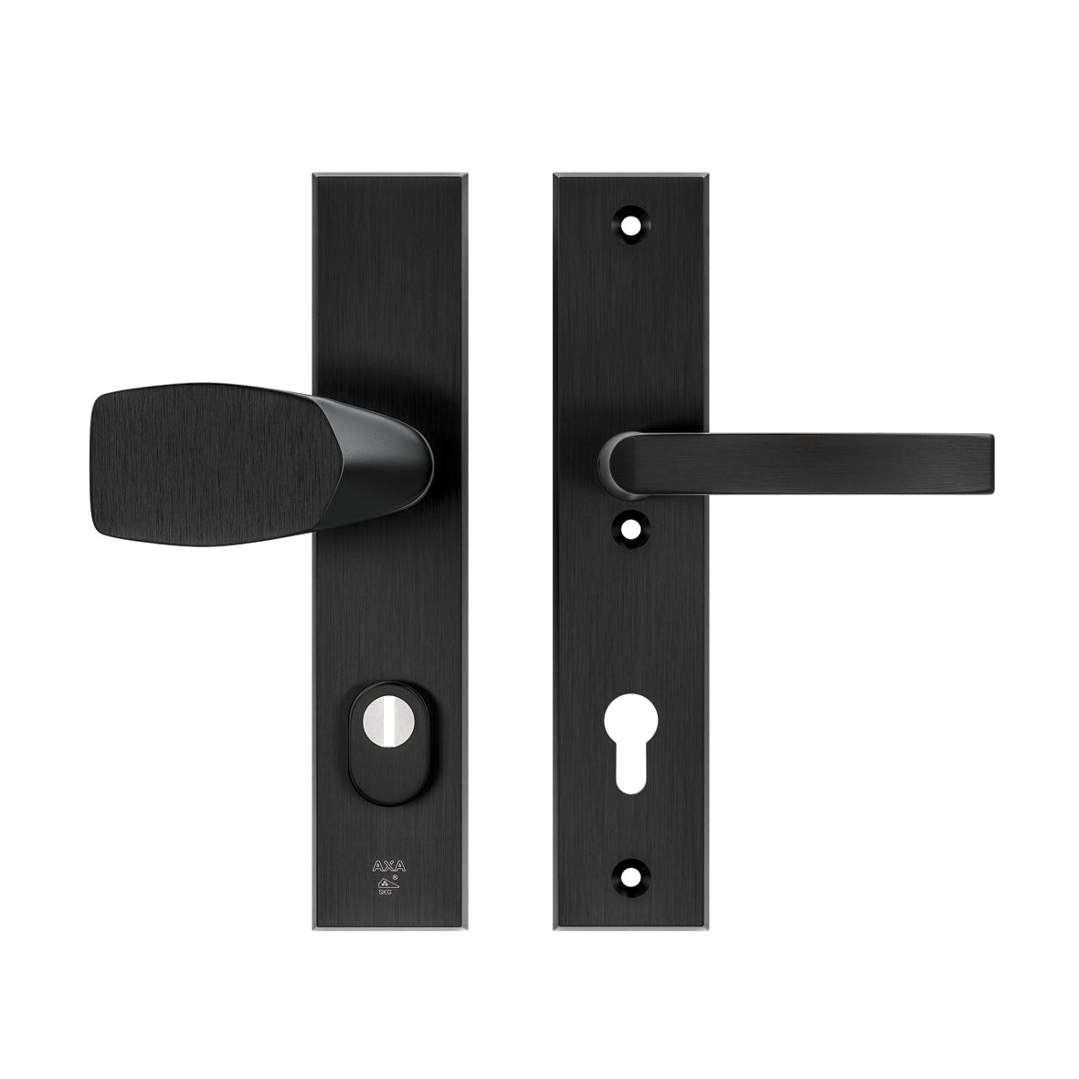 AXA Veiligheidsbeslag Edge Plus en Oval Plus met kruk WingBlok, Wing+Blok of Wing+U PC55, PC72 en PC92 Anti-Kerntrek in Zwart en Aluminium Naturel plus Smal-uitvoeringen — draaibare knop met SKG-anti-kerntrek voor villa-voordeur.