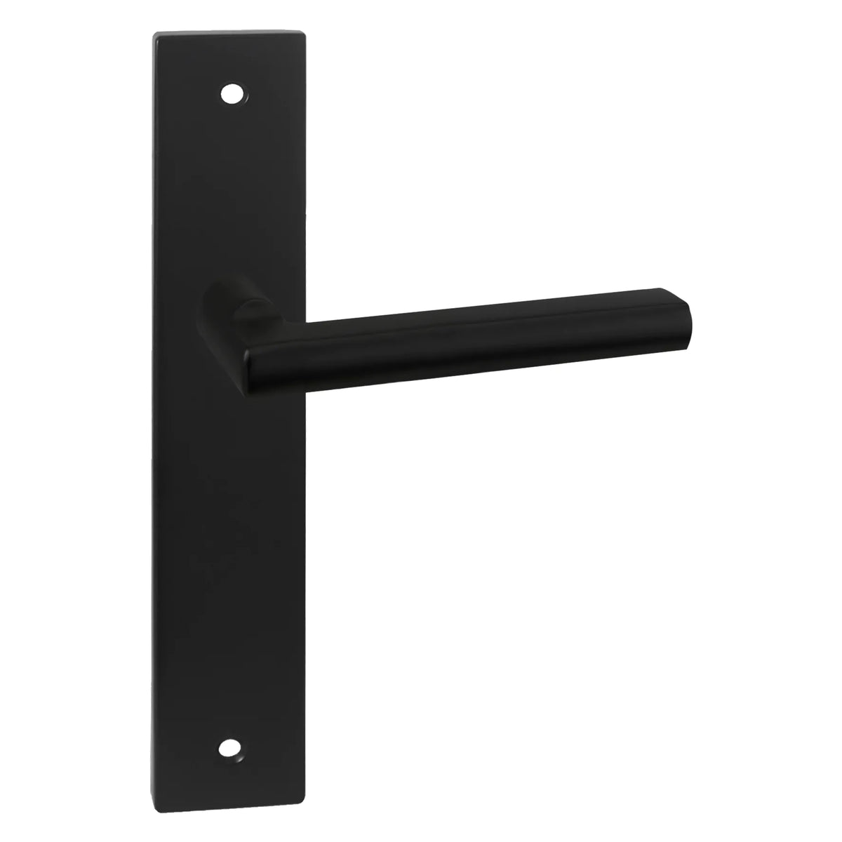 Impresso Redhill, Intersteel Hera en AXA Edge mat zwart deurkrukken op schild — binnendeur-kruk-set met langwerpig schild voor jaren-30 paneeldeur in mat-zwart, met PC55, WC63/8 en SL55 uitvoeringen voor cilinder, badkamer en sleutel.