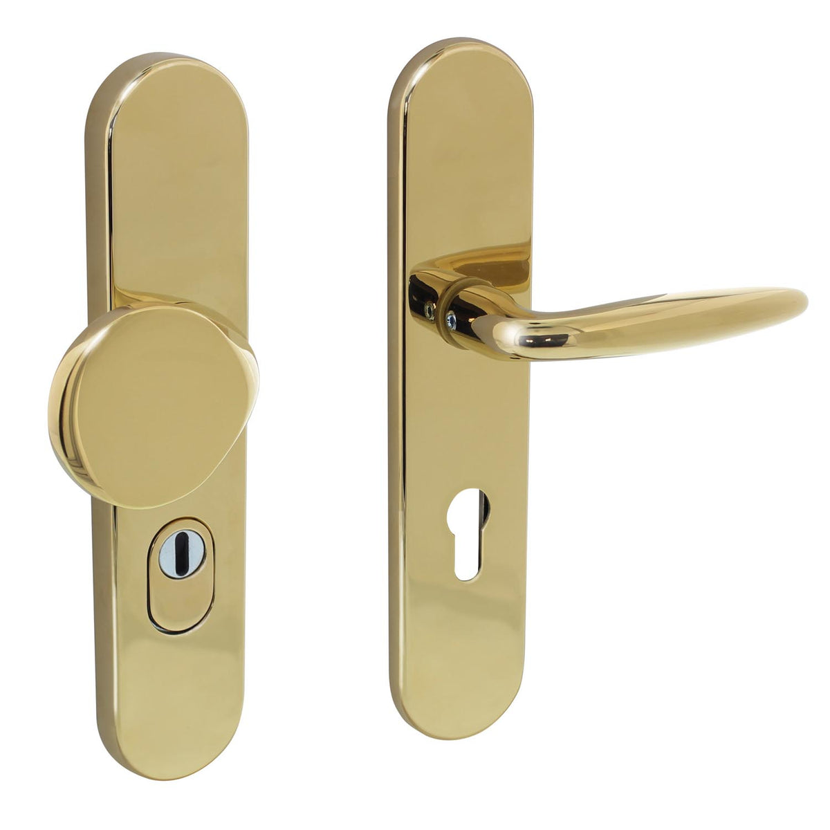 Messing titaan PVD voordeurbeslag — 4 Intersteel SKG3 veiligheidsbeslag met kerntrekbeveiliging Helena PC72 PC92 en standaard PC72 in messing titaan PVD coating 4500 HV hardheid 15 jaar UV-bestendig voor villa-grade voordeur