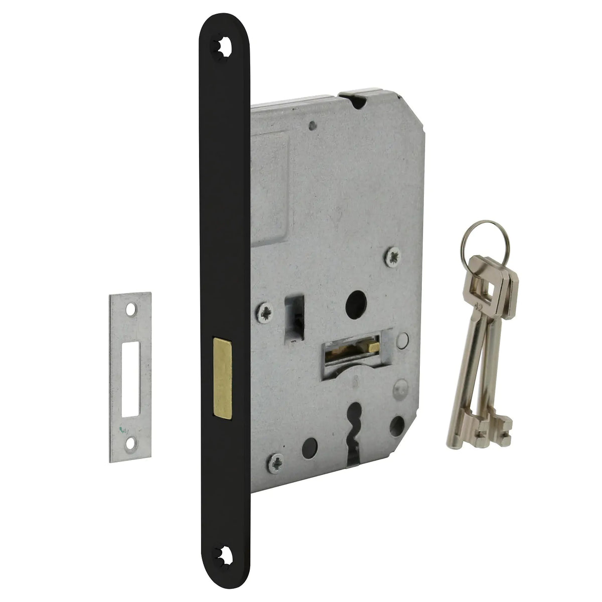 Intersteel Woningbouw loopslot en magneet loopslot, toilet-badkamerslot 63/8mm in Mat Zwart, Wit en RVS Geborsteld, klavier kastslot 55mm plus Formani BASICS LBLA-SFC loopdeurslot afgerond Brons — insteeksloten voor binnen- en voordeur.