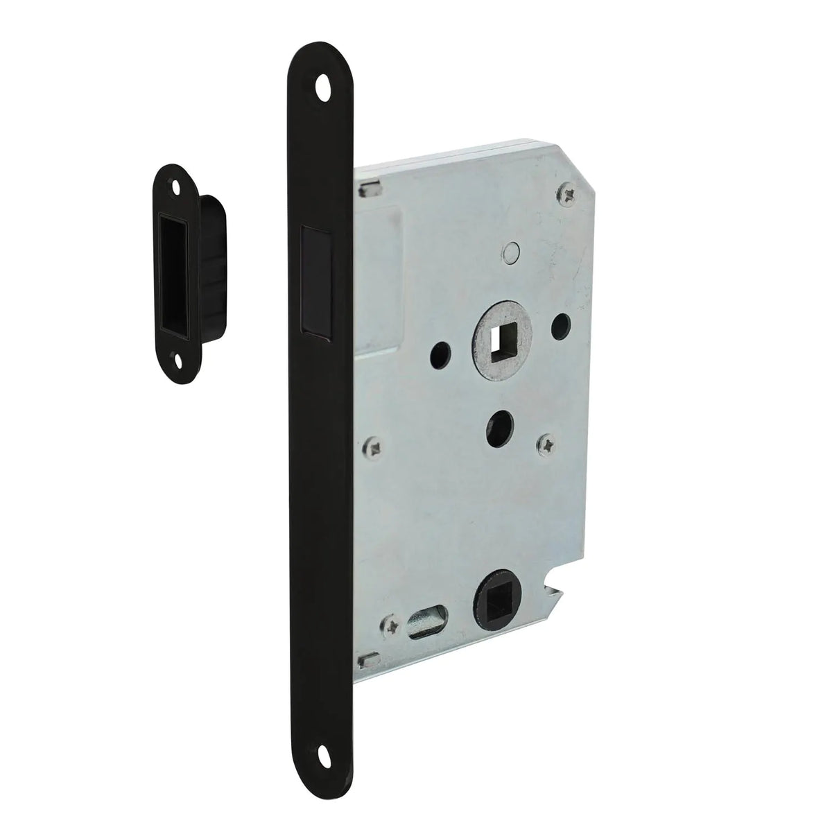 Intersteel Woningbouw magneet, Mauer 4445/1545 en Aprile 2867/2868/2869 magneetslot zwart — insteekslot met magneet-mechanisme voor fluisterstil sluiten in mat-zwart, voor moderne binnendeur, smaldeur en industrieel-loft interieur.