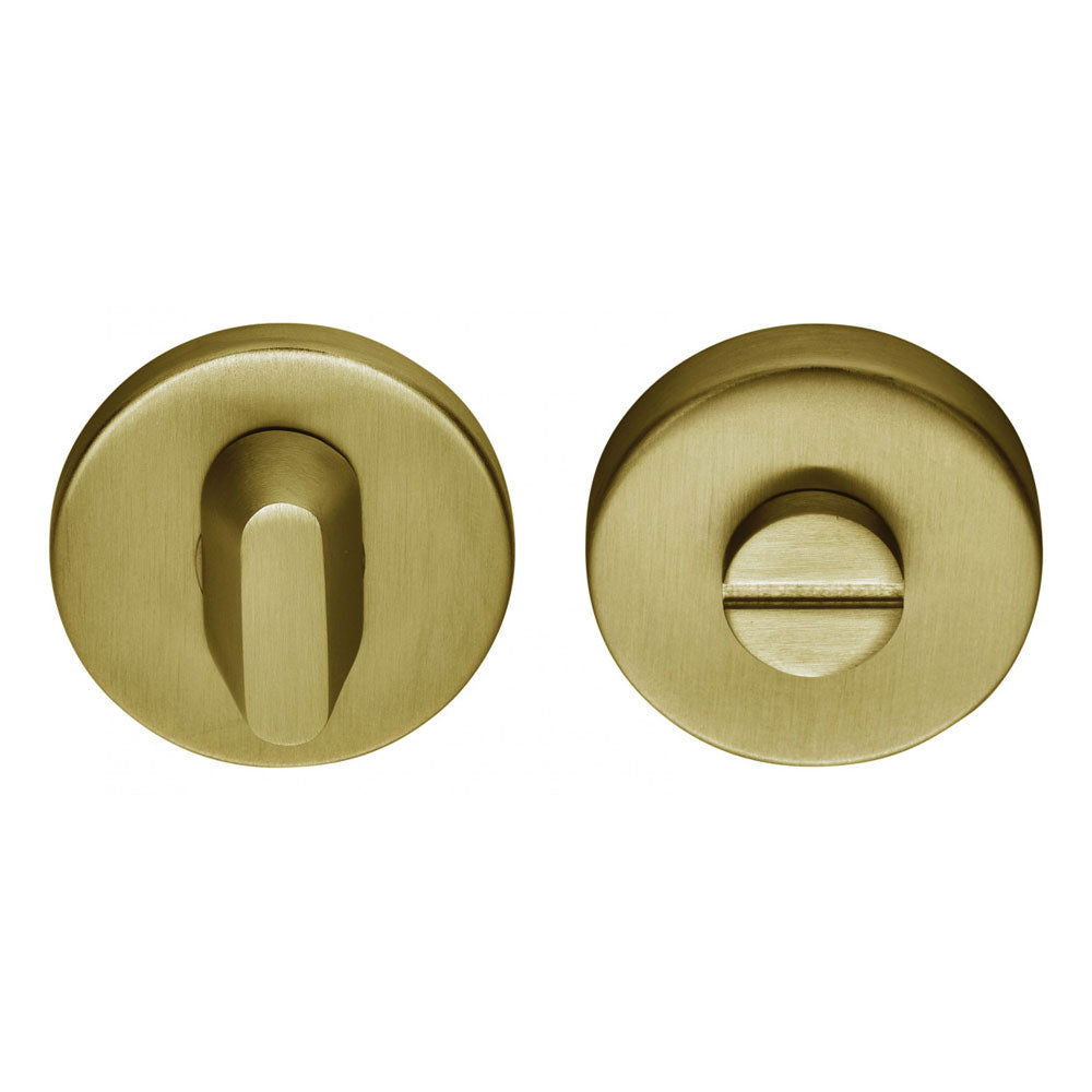 Intersteel Rozet WC Rond Messing Getrommeld, George vrij/bezet, schroefgat Gelakt, Messing Mat Titaan PVD, Aprile Comfort goud satiné, STILE en STERK Mat goud, Formani BASIC LBWC50 PVD Mat Goud plus Differnz — gouden toiletrozetten.