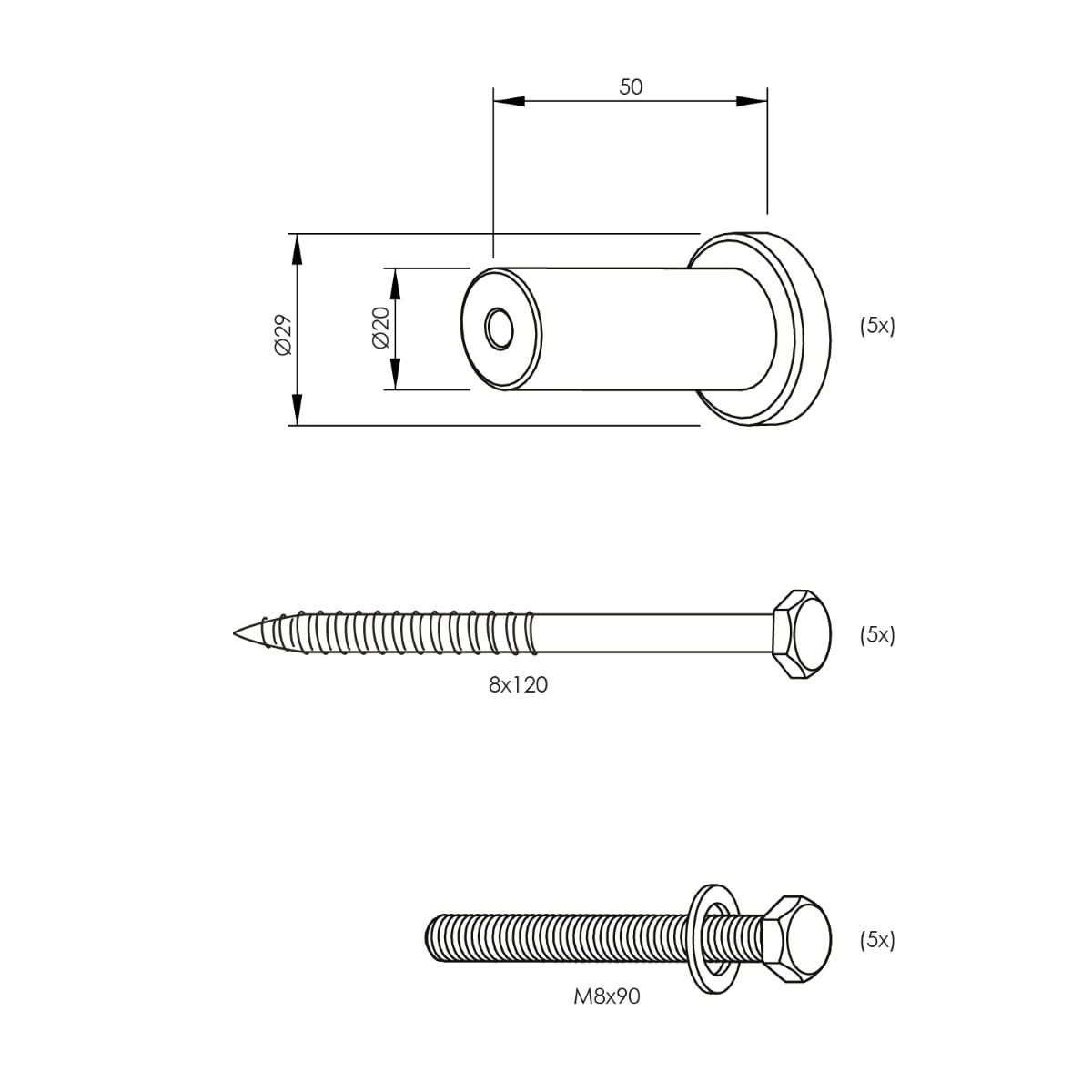 Intersteel verlengde ronde steunen 50 mm set van 5 mat zwart – detail