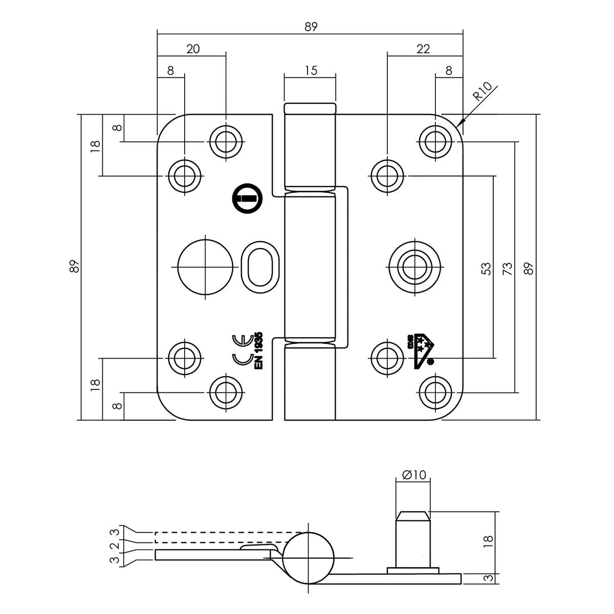 Intersteel glijlagerscharnier 89 x 89 x 3 mm DIN rechts zwart SKG3 – detailfoto