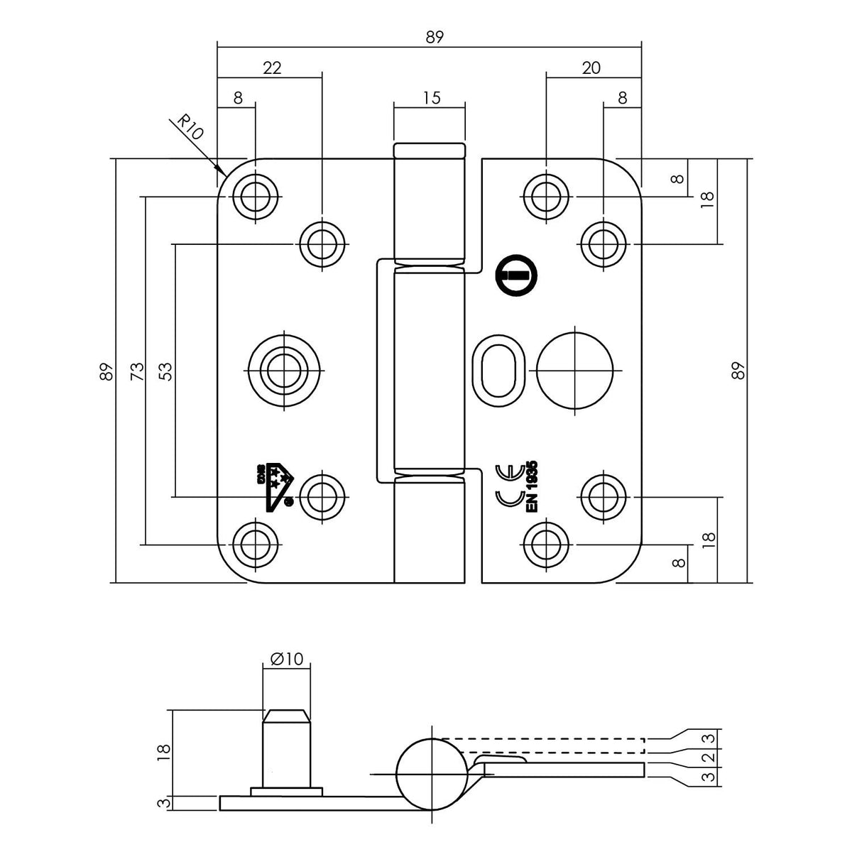 Intersteel glijlagerscharnier 89 x 89 x 3 mm DIN links zwart SKG3 – detailfoto