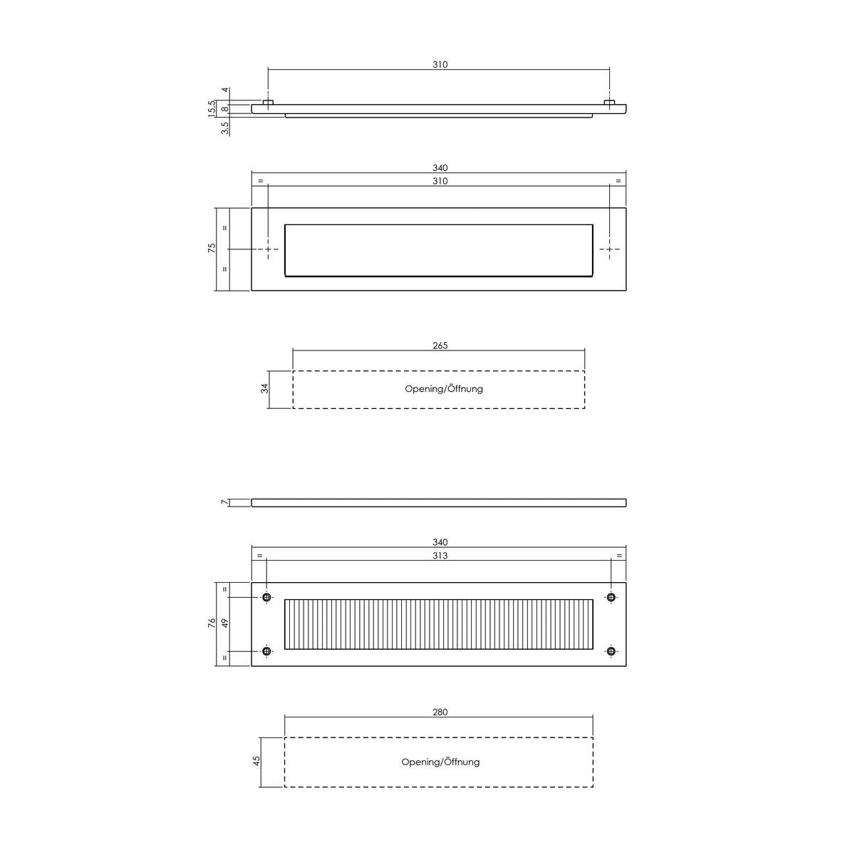 Intersteel set briefplaat en tochtwering rechthoekig RVS getrommeld - tochtwering binnenzijde