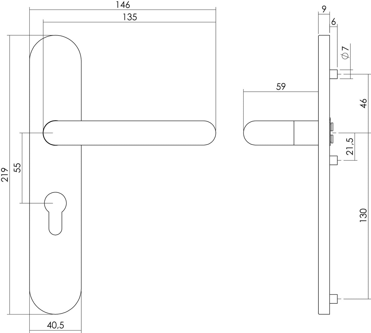 Intersteel deurkruk rond PC55 op schild RVS – detailweergave