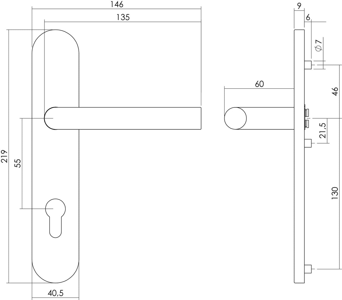 Intersteel deurkruk recht PC55 op schild RVS geborsteld – detail