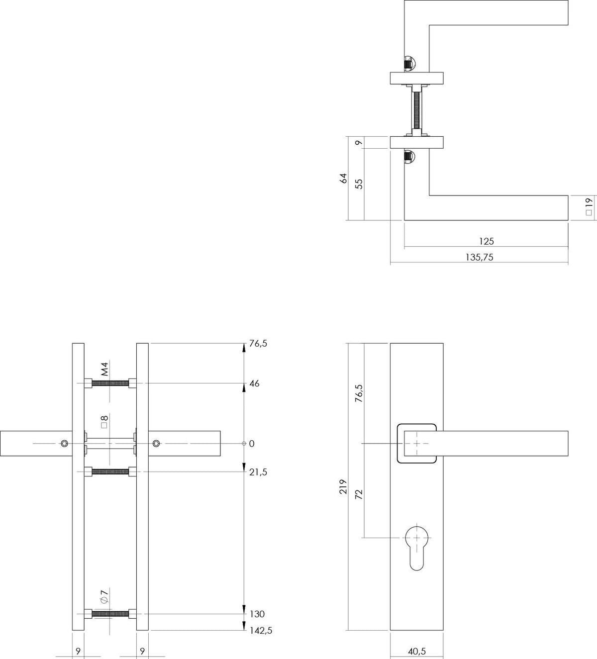 Intersteel deurkruk vierkant op schild PC72 RVS geborsteld detail