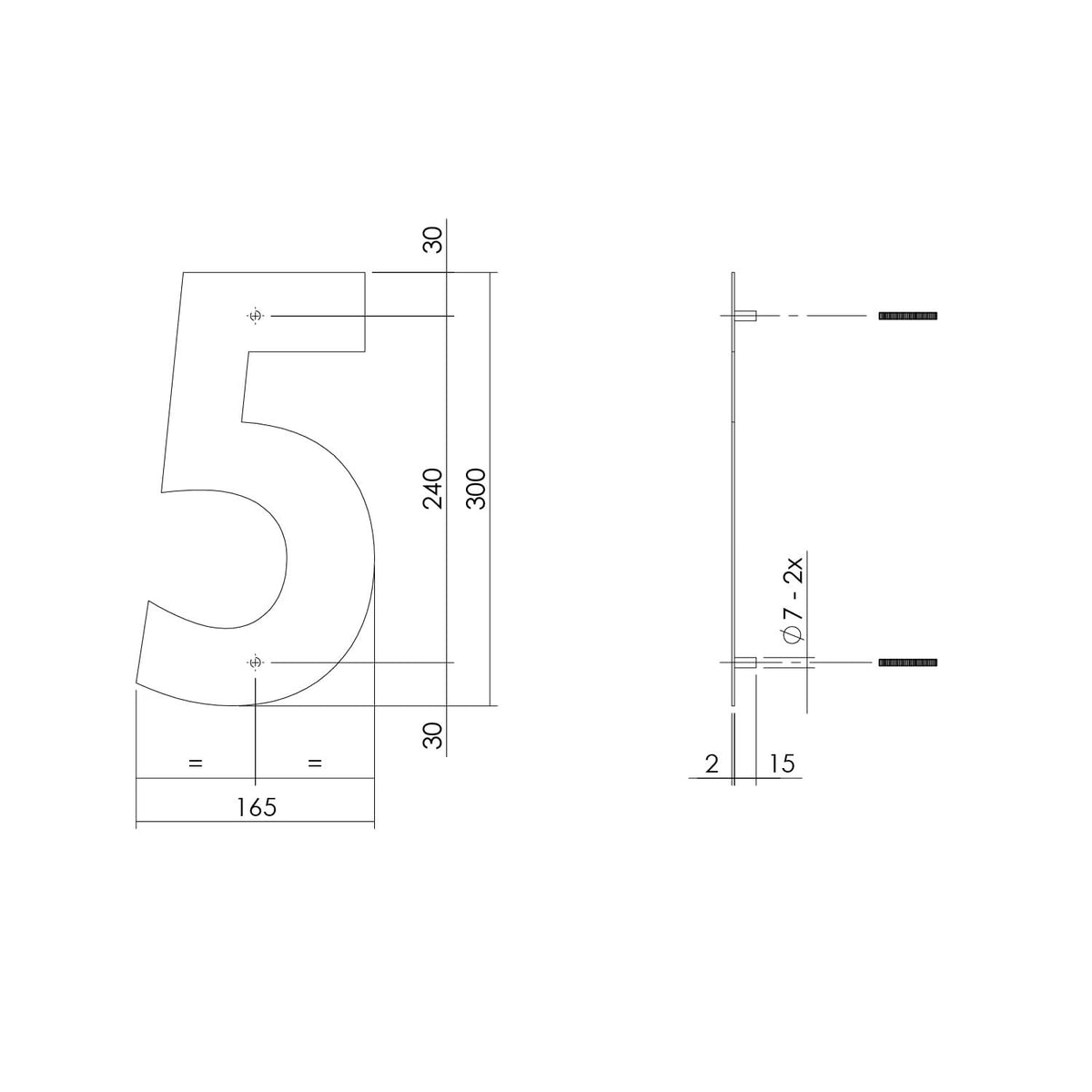 Intersteel huisnummer 5 XL hoogte 30 cm rvs geborsteld – detailfoto