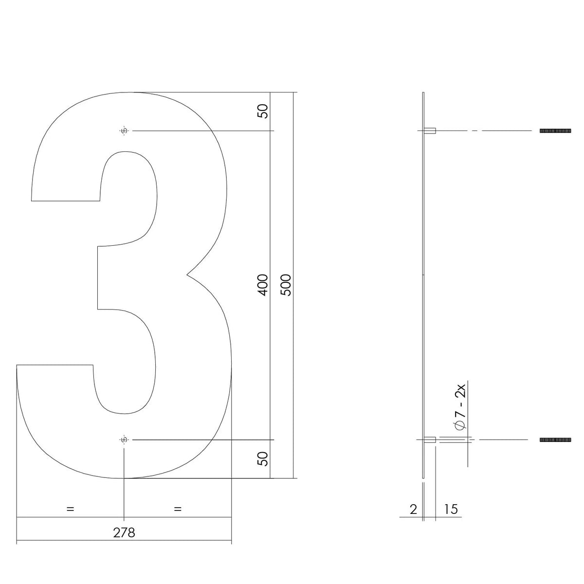 Intersteel huisnummer 3 XXL hoogte 50 cm rvs geborsteld – detailfoto