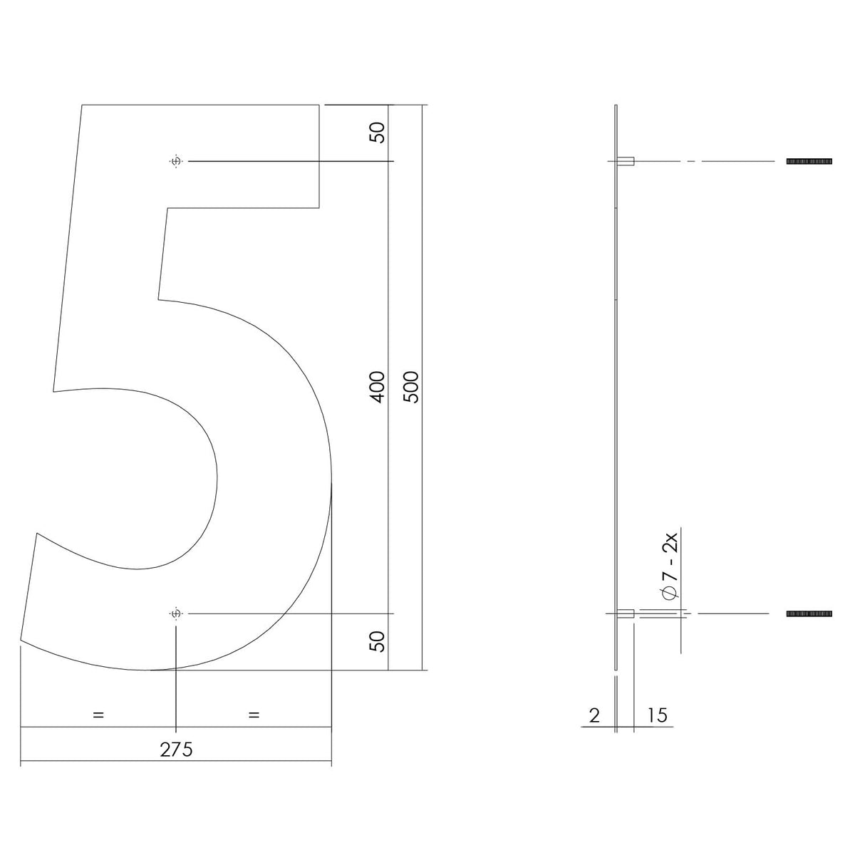 Intersteel huisnummer 5 XXL hoogte 50 cm rvs geborsteld – detailfoto