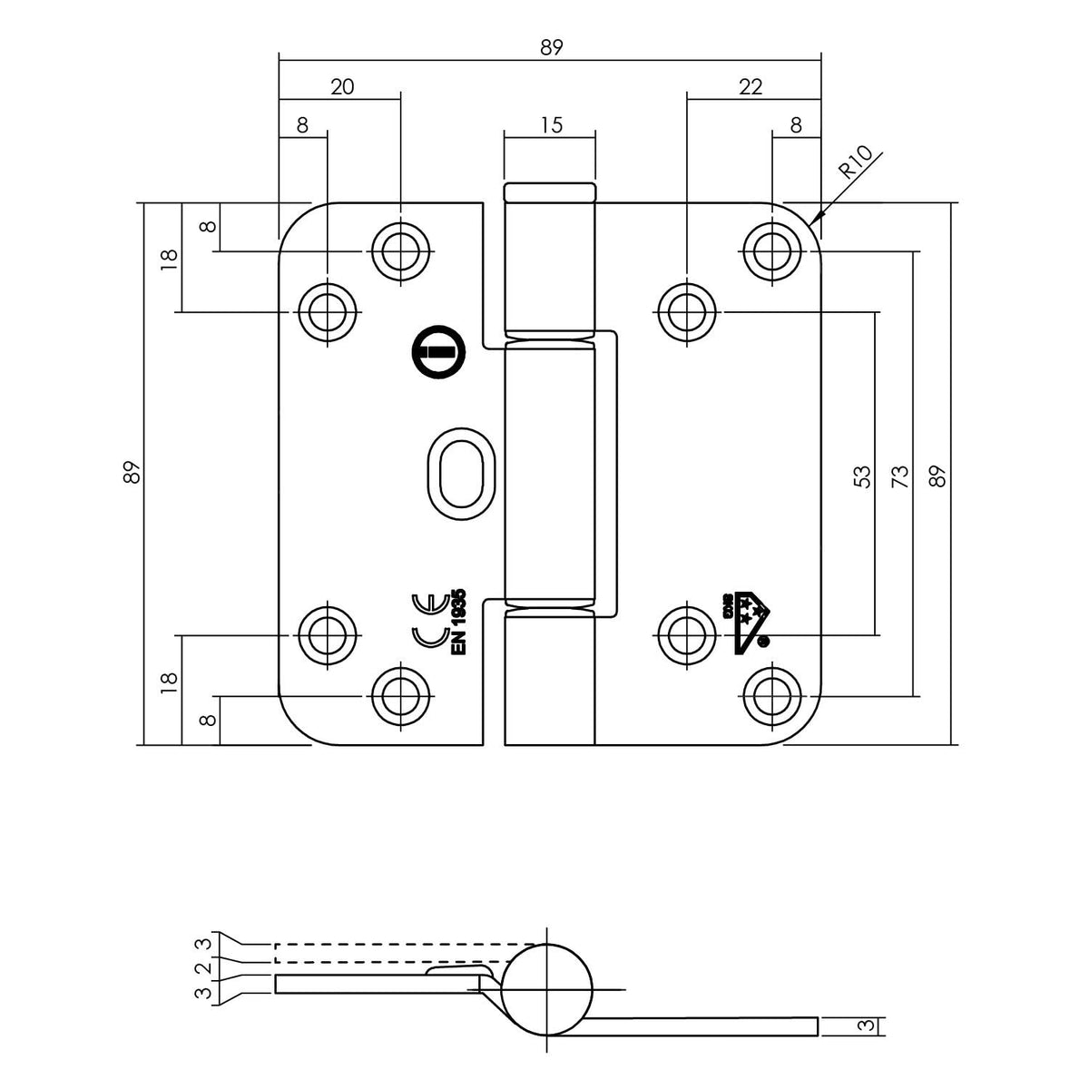 Intersteel glijlagerscharnier 89 x 89 x 3 mm DIN rechts/links rvs geborsteld – detailfoto