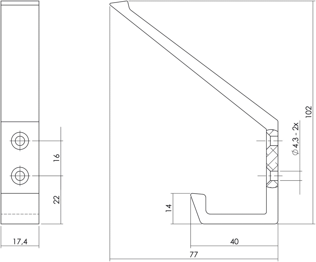 Intersteel kapstokhaak aluminium – technische maattekening met maatvoering