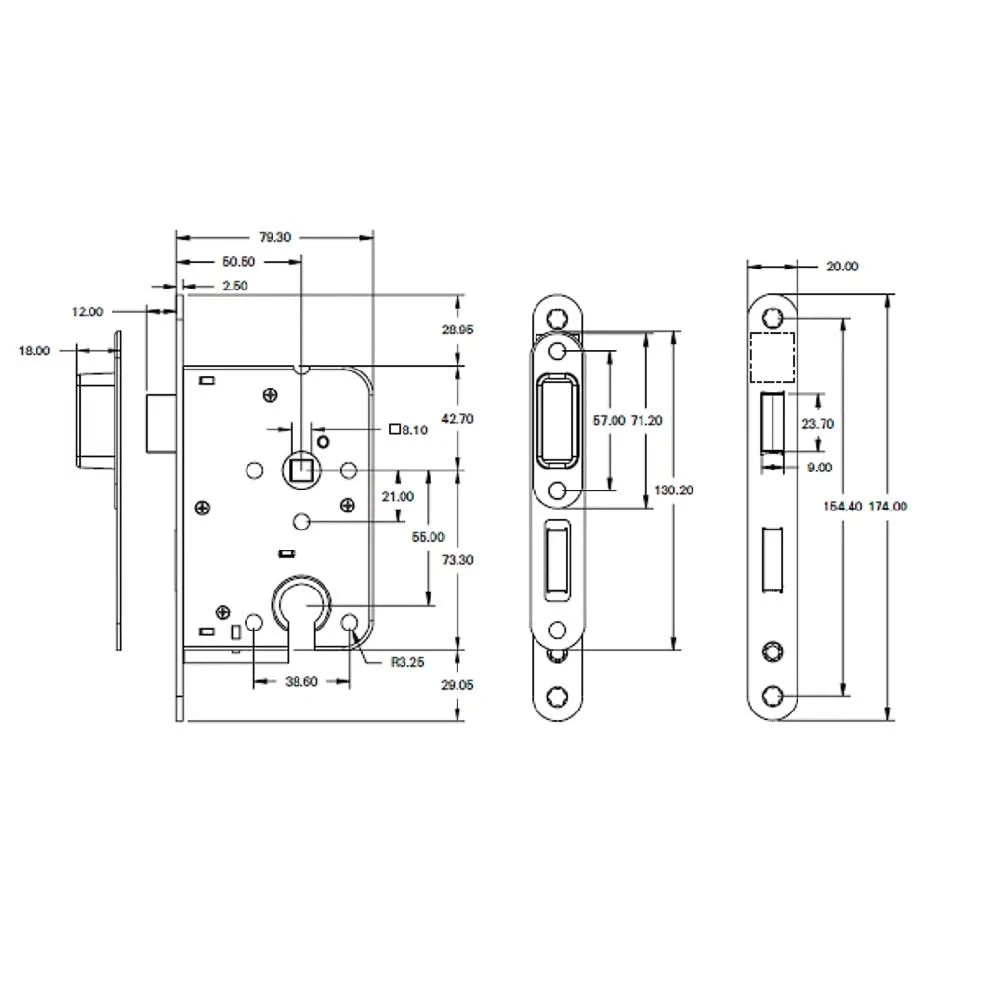 Mauer magneetslot 1545 PC55 - technische tekening met maatvoering