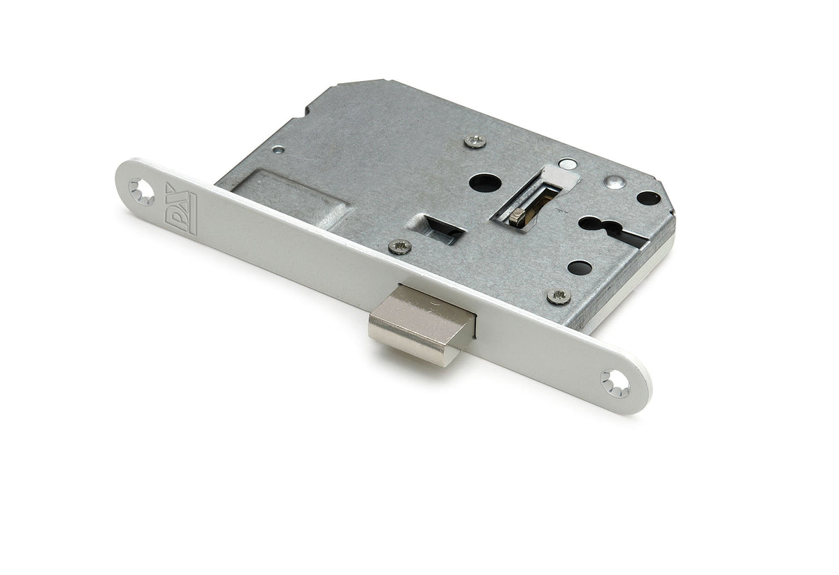 Dulimex DX kastslot 50 mm met ronde witte voorplaat en 2 sleutels, vooraanzicht