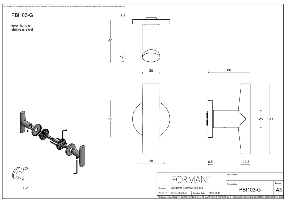 Formani PBI103-G deurkruk Piet Boon mat roestvast staal detail