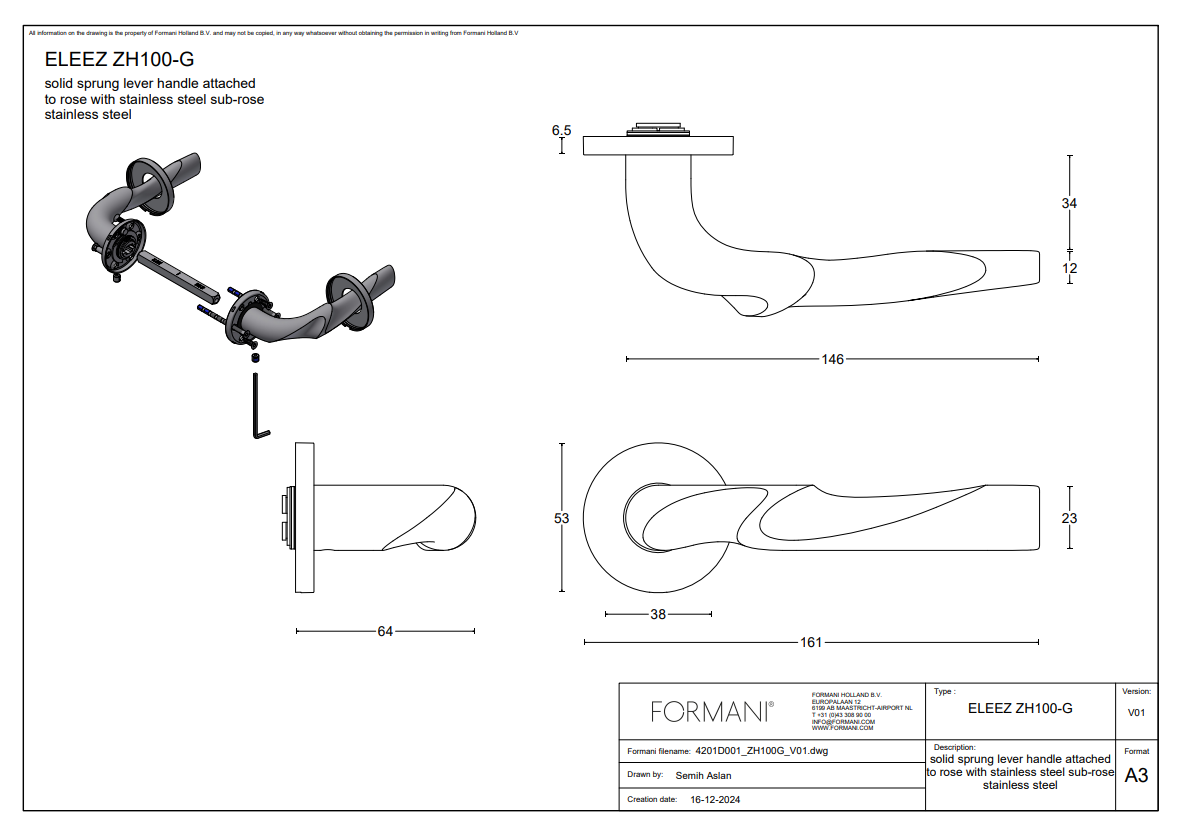 Formani Zaha Hadid deurkruk ZH100-G op rozet in PVD mat goud – detail