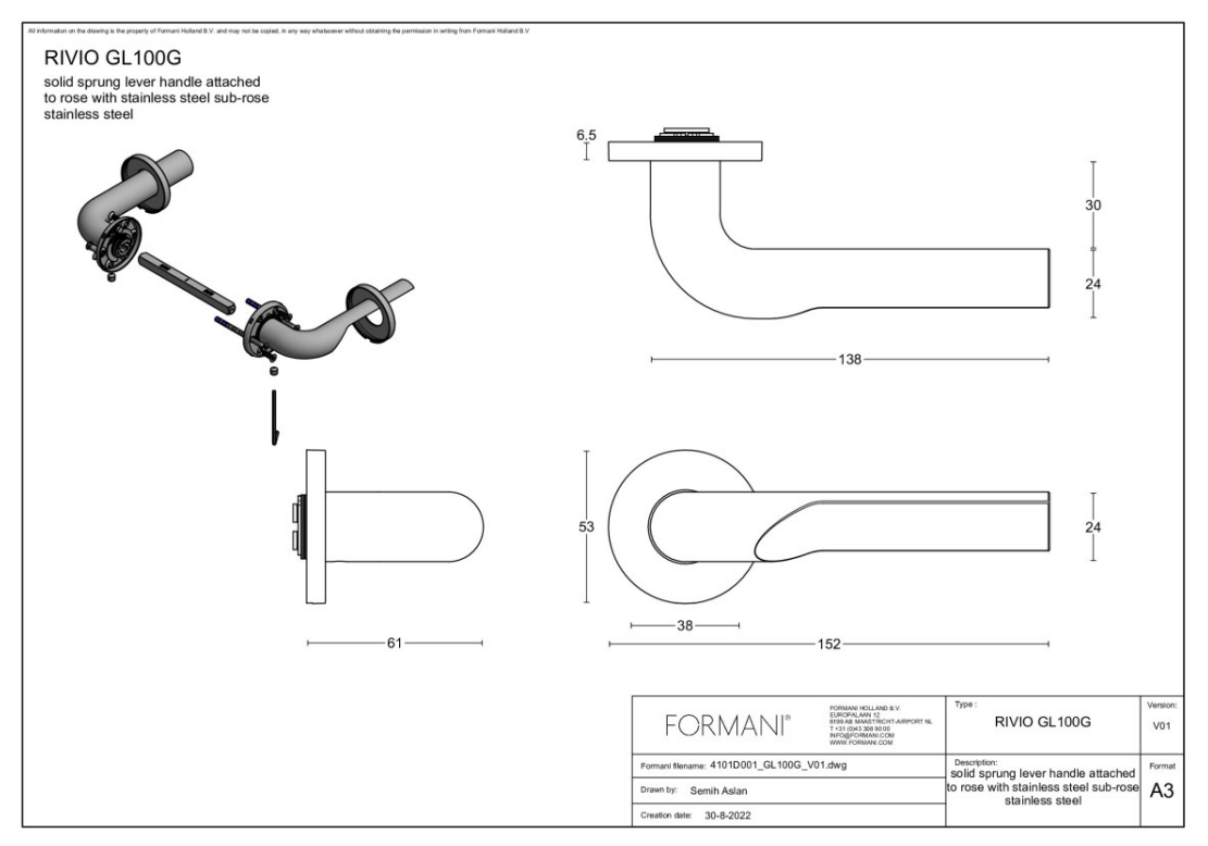 Formani Gensler deurkruk GL100-G op rozet in PVD mat goud – detail
