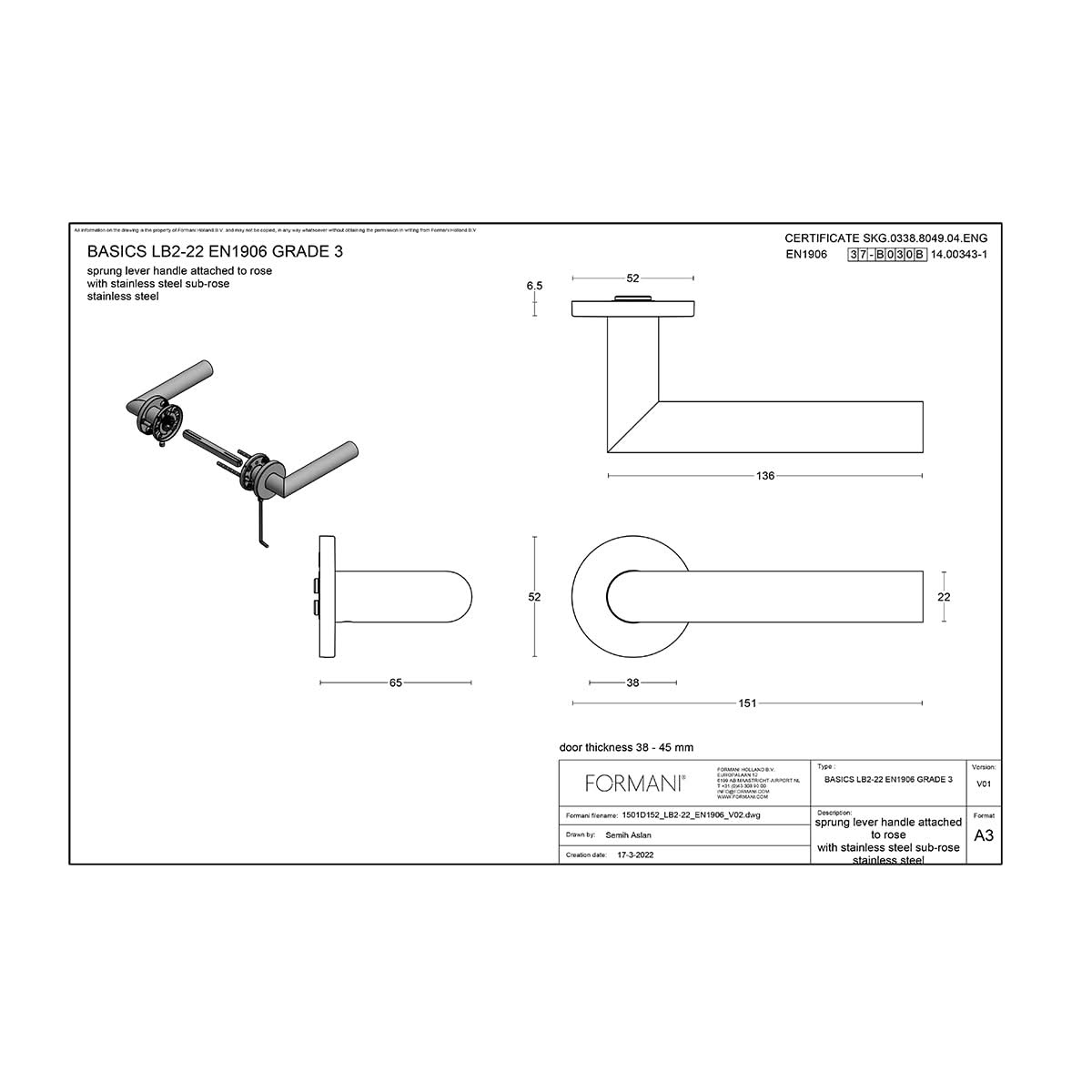 Formani BASIC LB2-22 deurkruk technische tekening met maatvoering