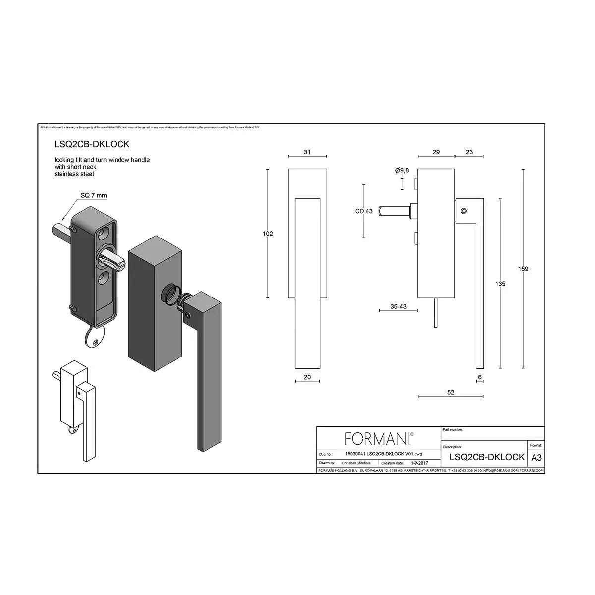 FORMANI LSQ2CB-DKLOCK draaikiepgarnituur met korte nek producttekening