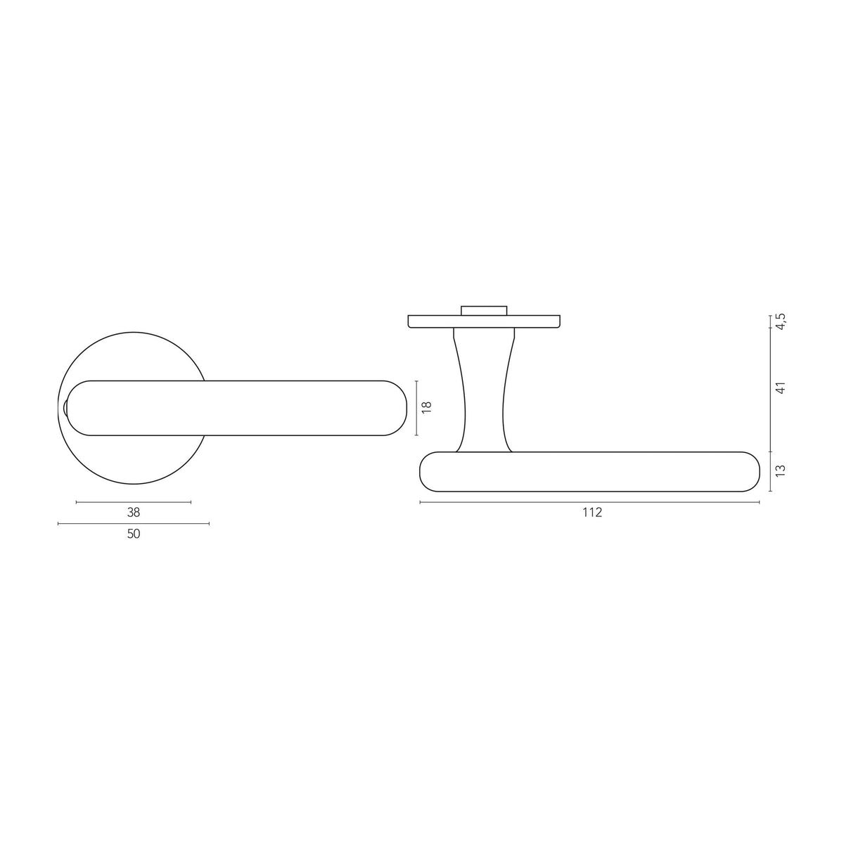 Crafino Terra L+L deurkruk op rond rozet technische tekening