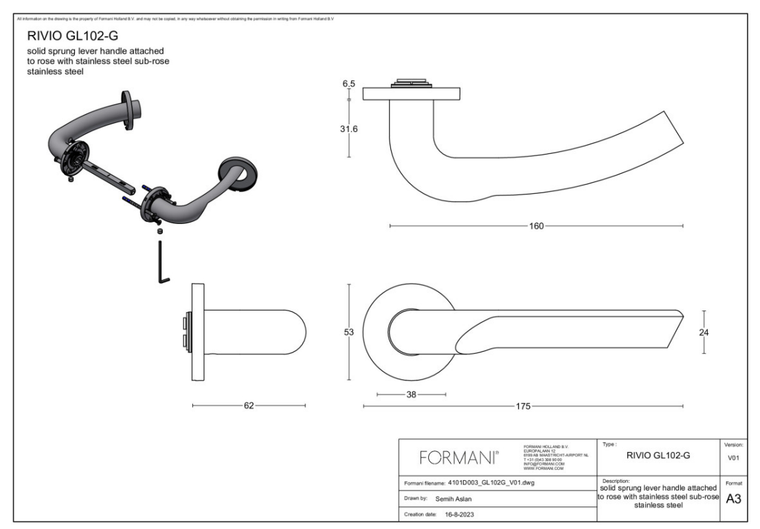 Formani Gensler deurkruk GL102-G op rozet in PVD mat goud – detail