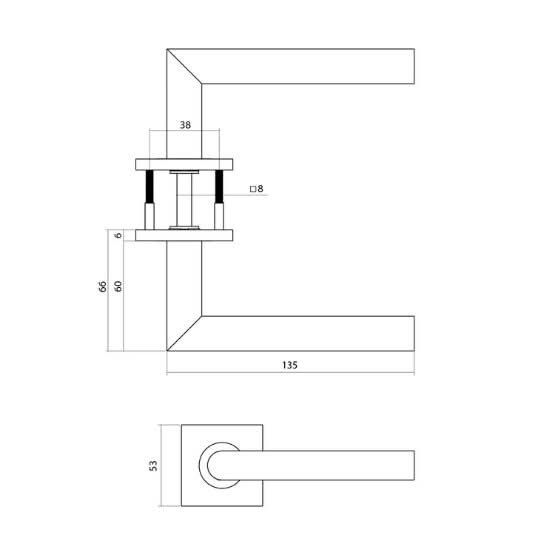Intersteel deurkruk Q 04 op rozet RVS &ndash; maatschets