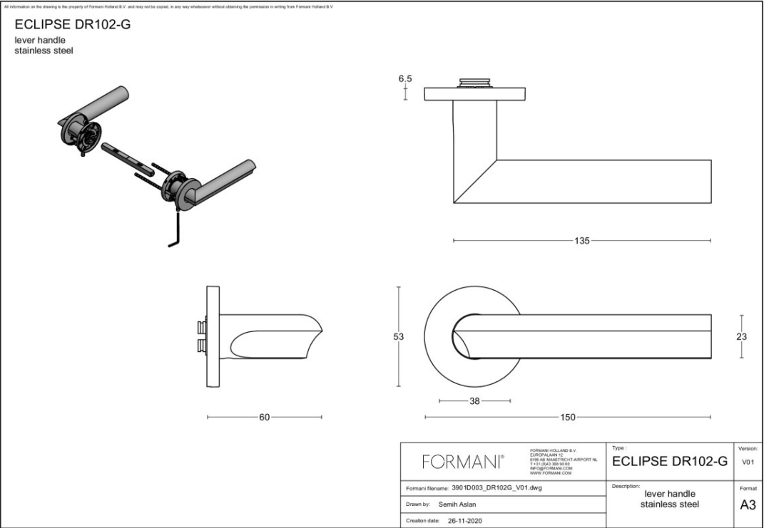 FORMANI DR102-G deurkruk op rozet mat roestvast staal detail