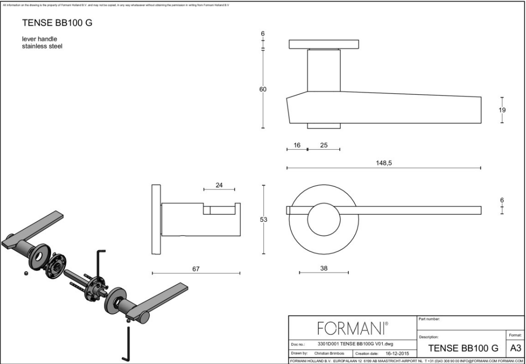 Formani BB100-G deurkruk mat roestvast staal detail