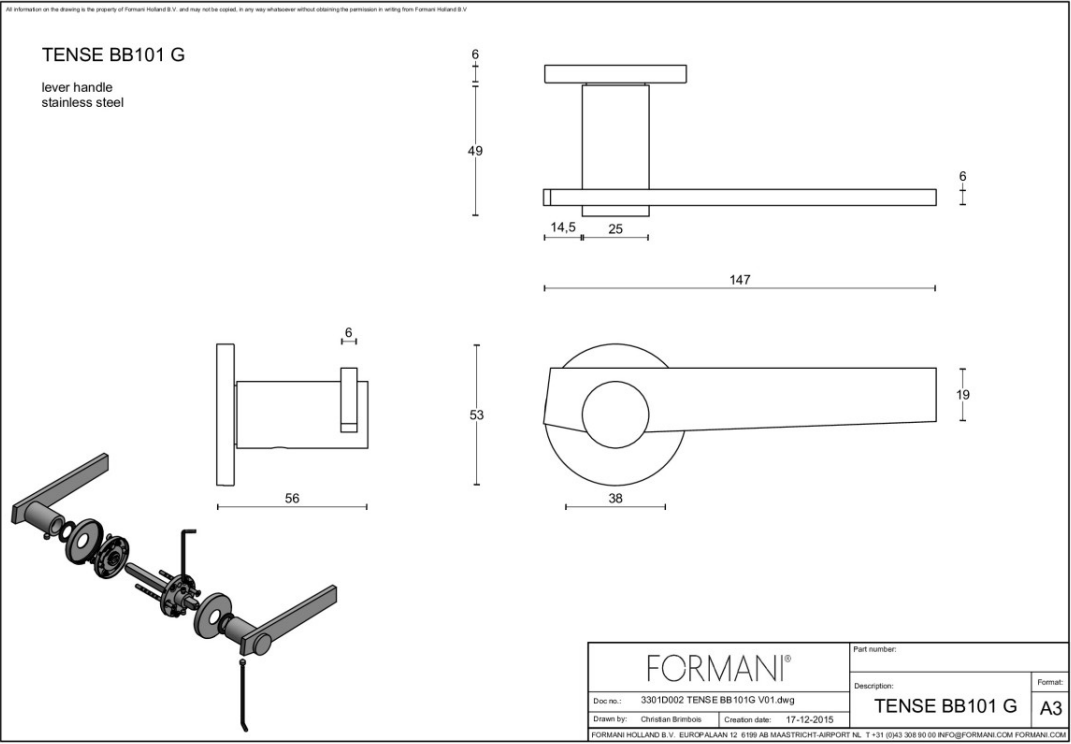 Formani BB101-G deurkruk mat roestvast staal detail