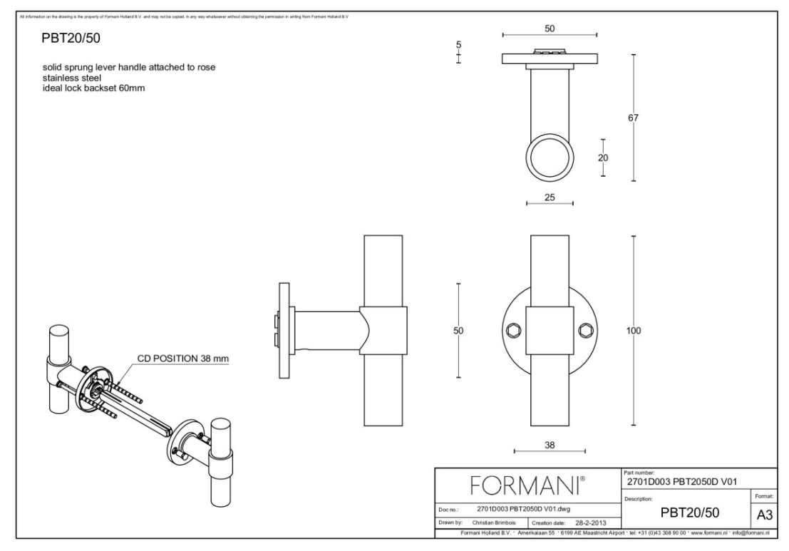 Formani PBT20/50 deurkruk Piet Boon PVD licht brons detail