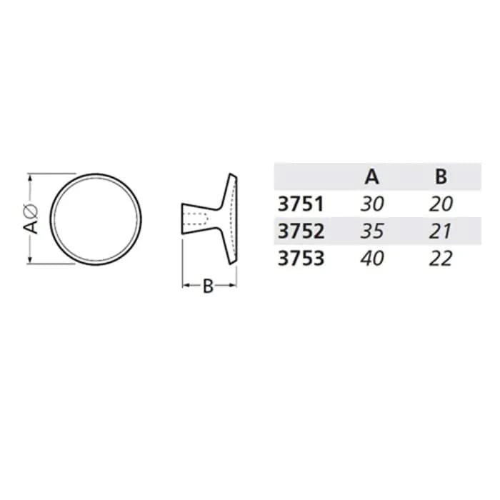 Hermeta knop rond zwart 50 mm maattekening