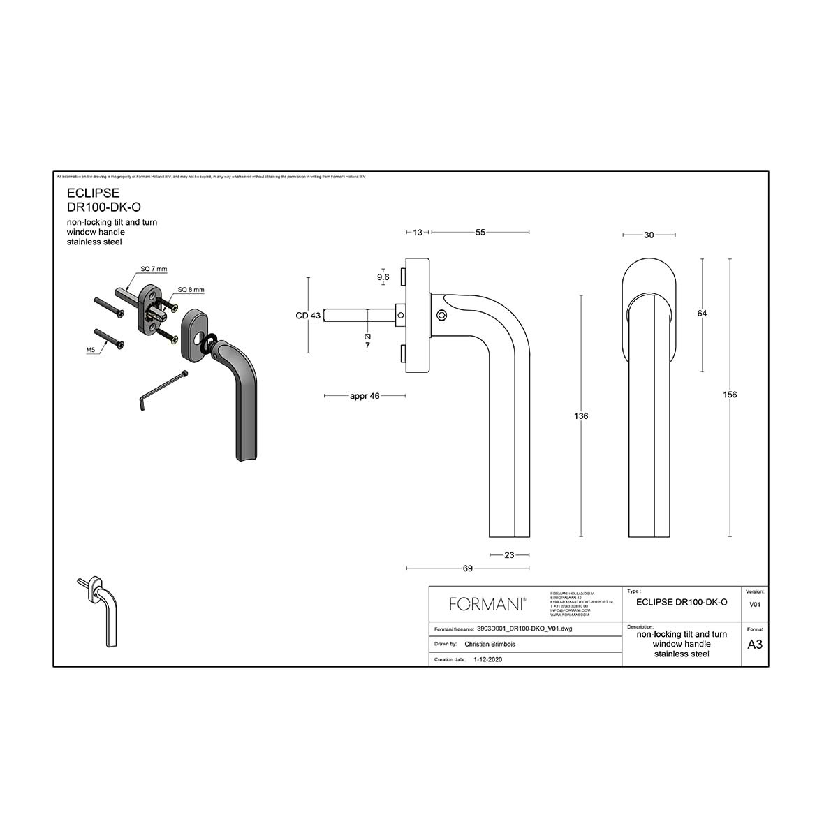 Formani DR100-DK-O draaikiepgarnituur PVD mat goud – detail