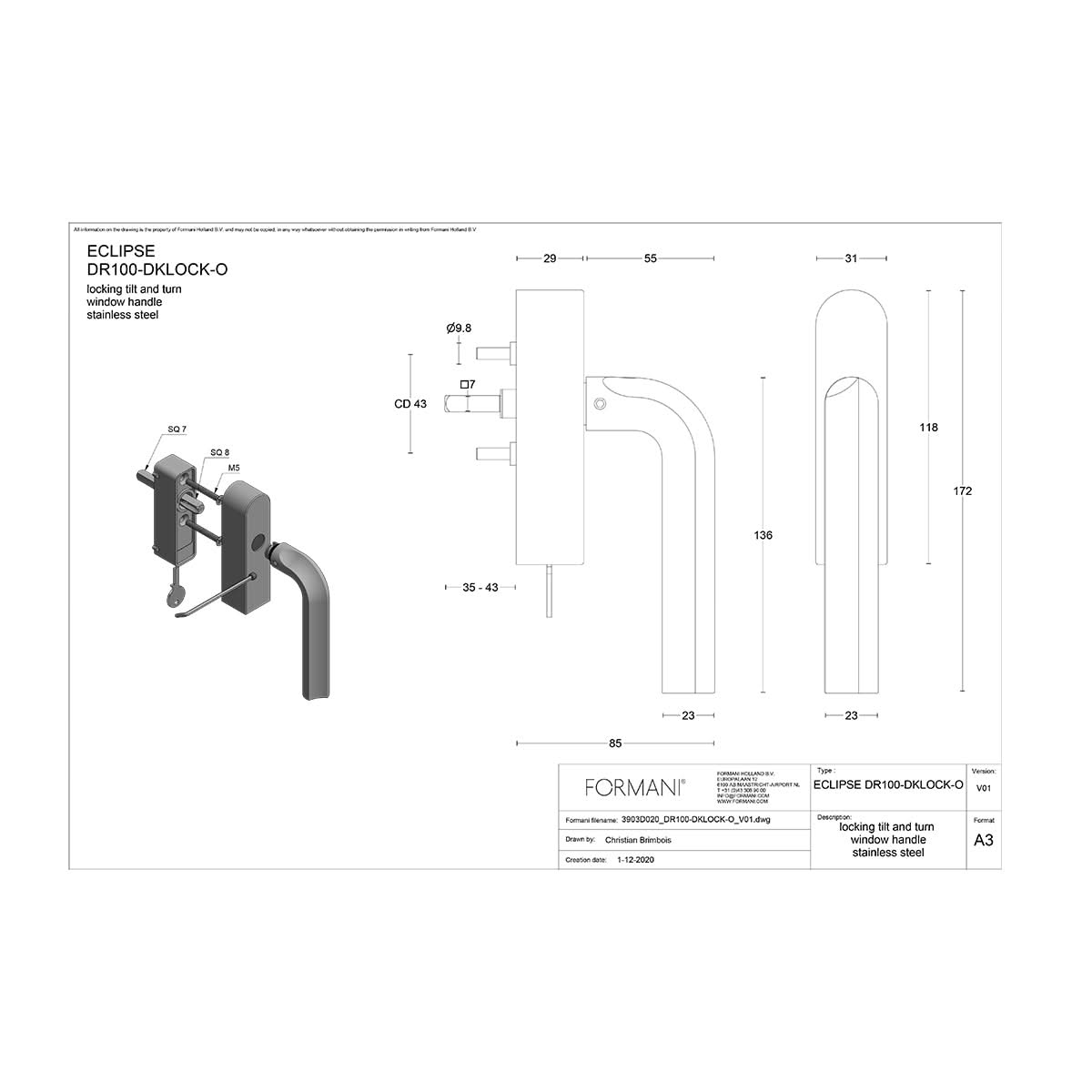 Formani DR100-DKLOCK-O draaikiepgarnituur PVD mat goud linksdraaiend – detail