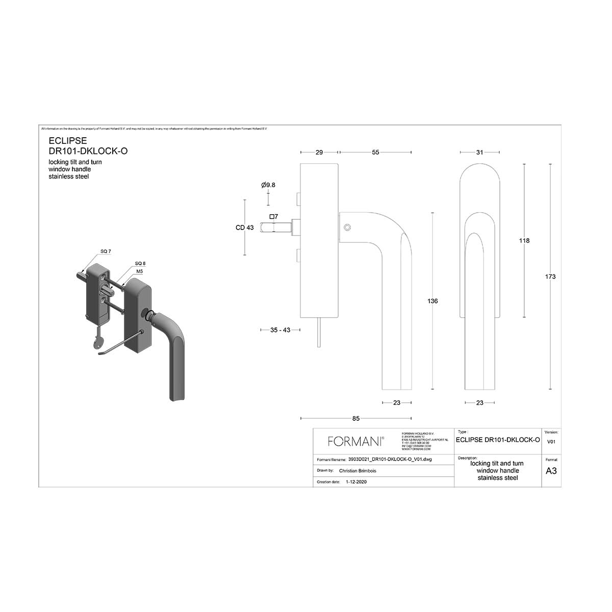 Formani DR101-DKLOCK-O draaikiepgarnituur mat roestvast staal linksdraaiend – detail