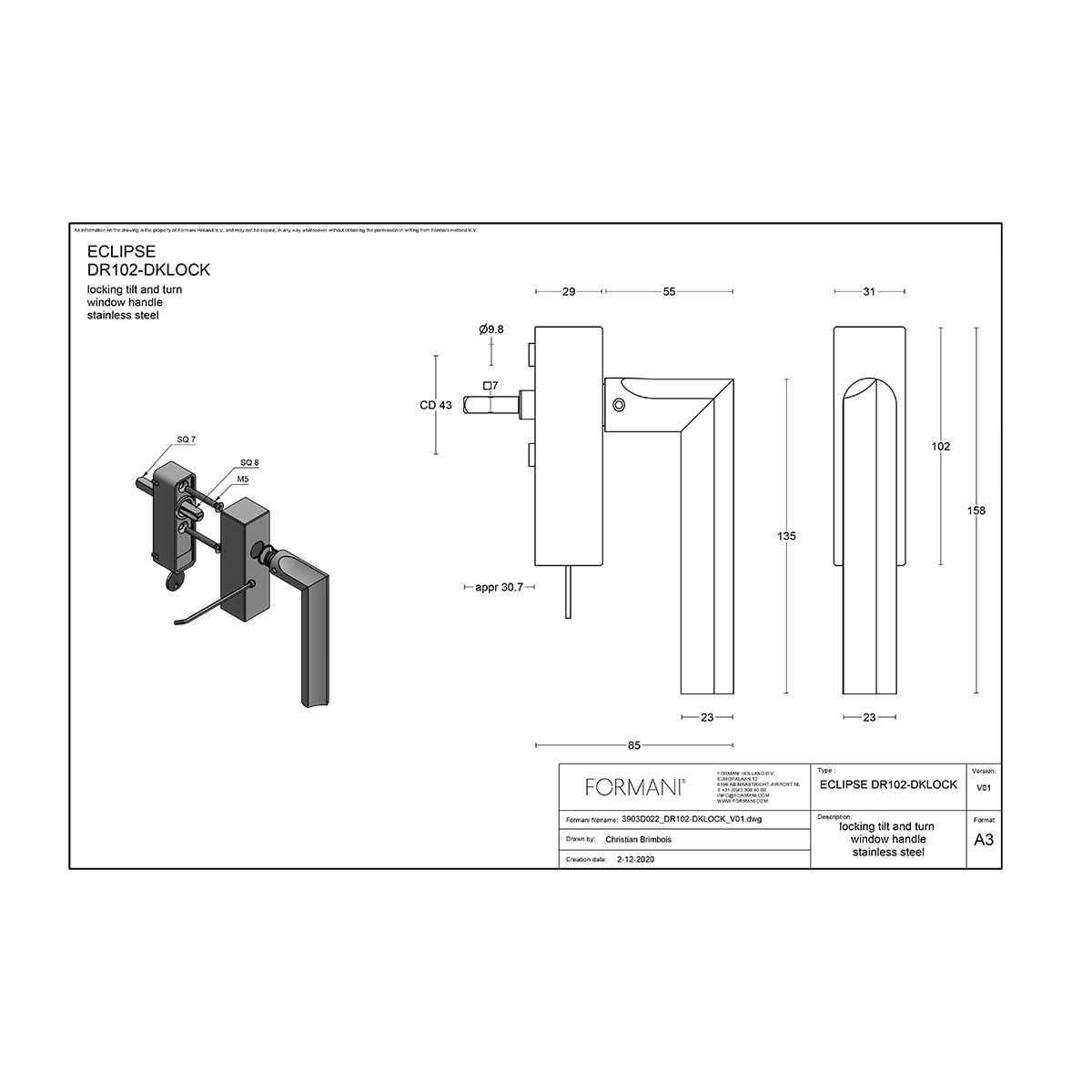 Formani DR102-DKLOCK draaikiepgarnituur mat roestvast staal linksdraaiend – detail