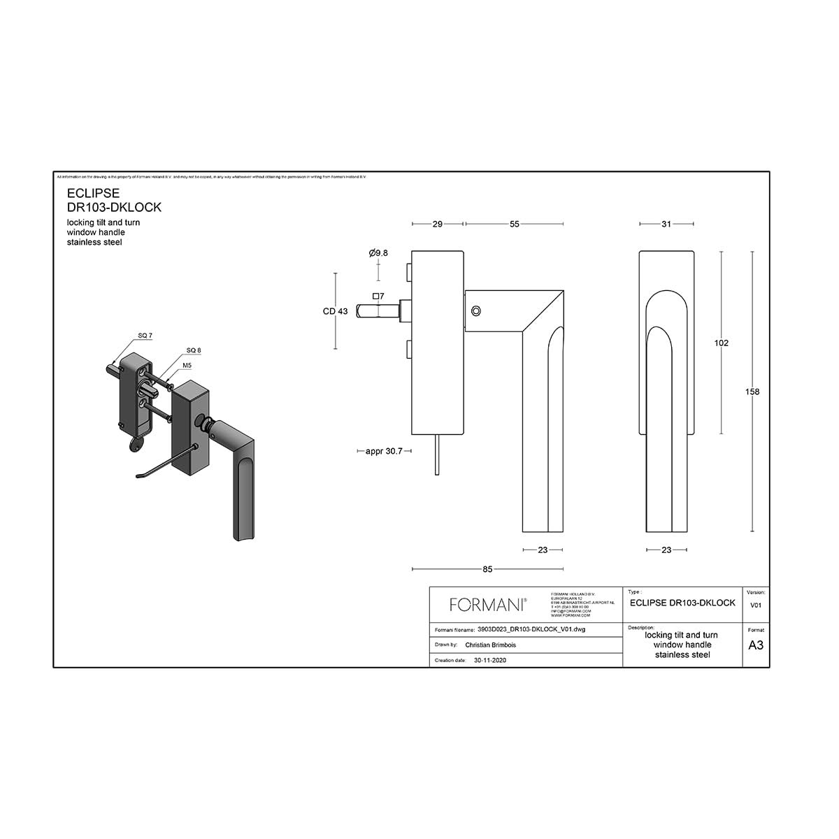 Formani DR103-DKLOCK draaikiepgarnituur PVD mat goud rechtsdraaiend - detail