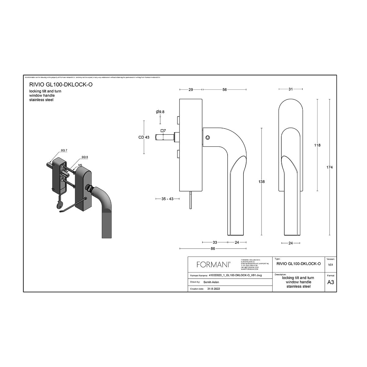 Formani GL100-DKLOCK-O draaikiepgarnituur PVD mat goud – productafbeelding