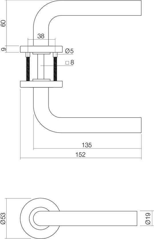 Intersteel deurkruk Hoek 90° rvs geborsteld op ronde rozet - detail