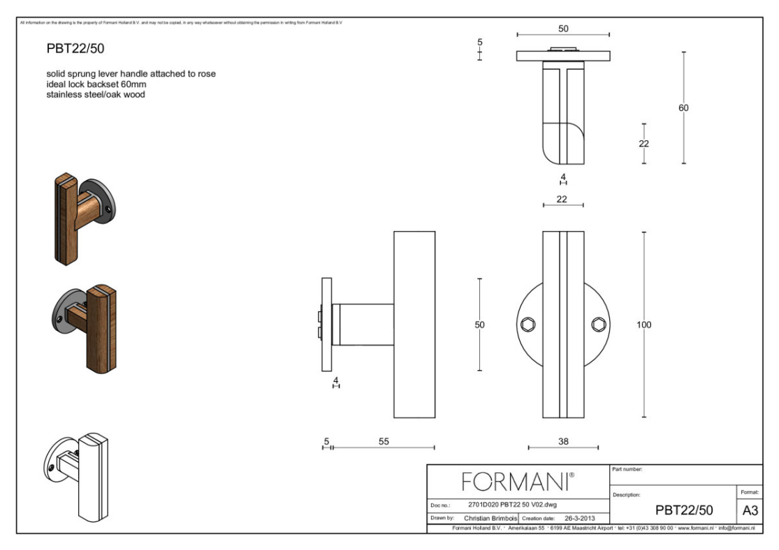 Formani PBT22/50 deurkruk Piet Boon mat roestvast staal met eikenhout detail