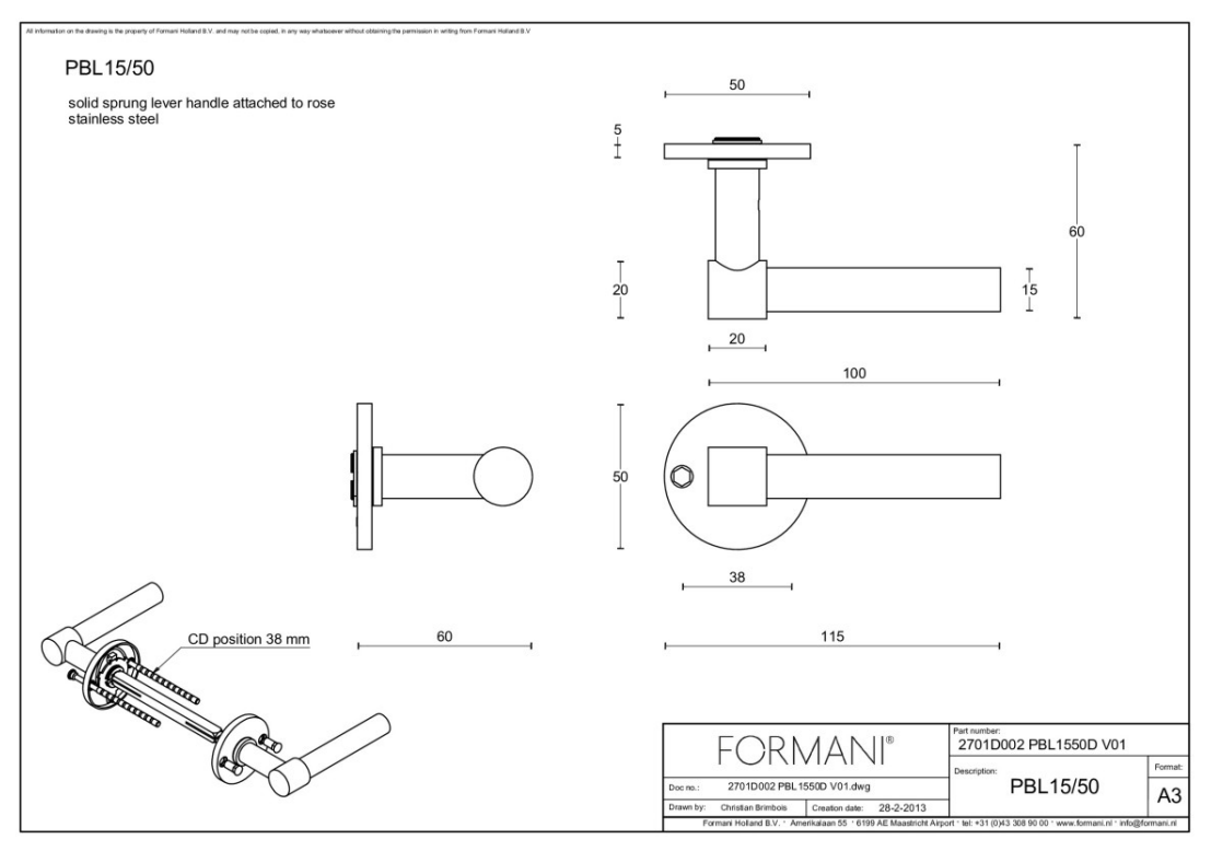 Formani deurkruk Piet Boon PBL15/50 PVD mat goud detail
