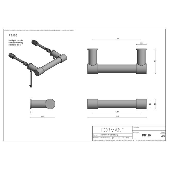 Formani PB120 massieve raamgreep mat roestvast staal, detail
