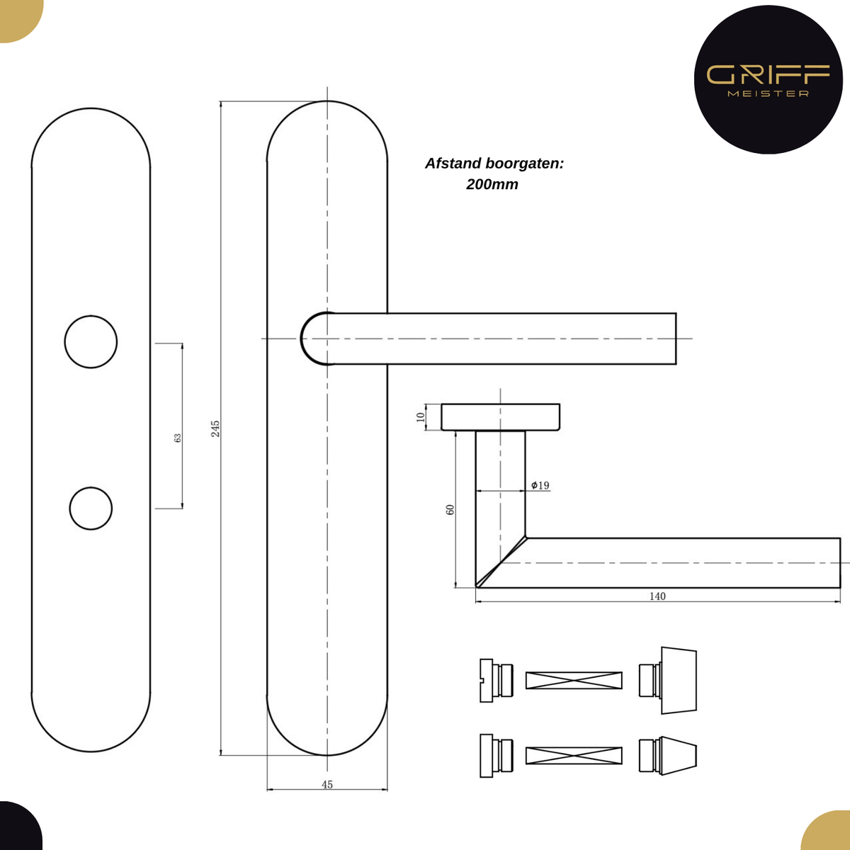 Griff Meister deurkruk Cornisa Zwart op ovaal schild WC63/8 toilet – afbeelding 3