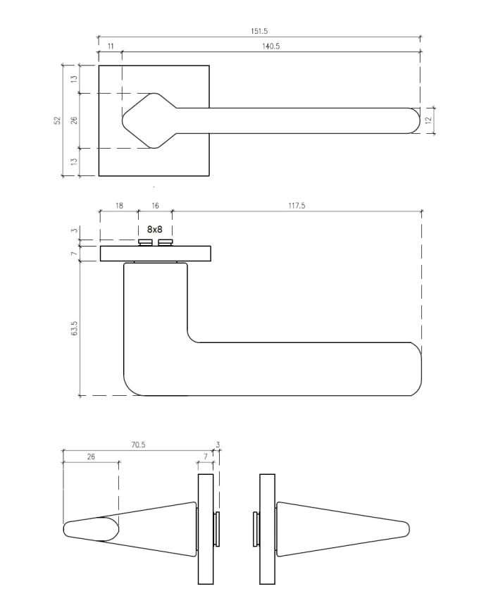 Aprile deurkruk Jasmina - technische maattekening met rozet 52 x 52 mm
