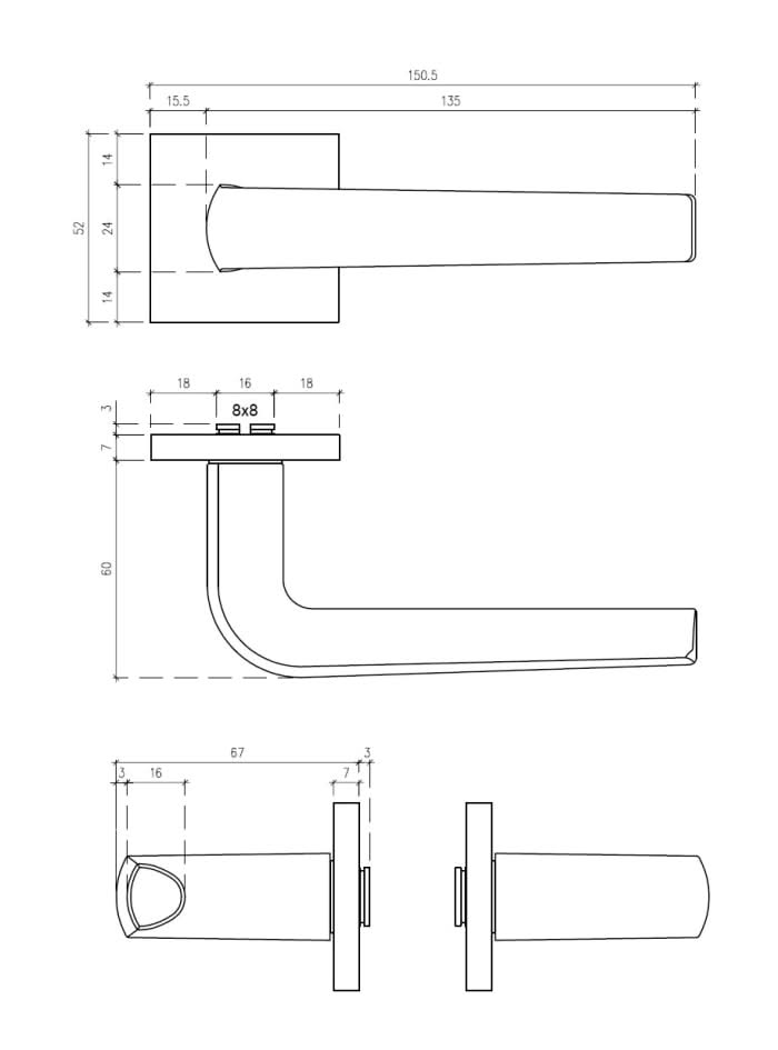Aprile deurkruk Mela - technische maattekening met rozet 52 x 52 mm