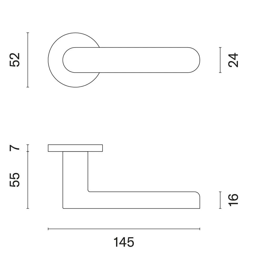 Aprile Alora massieve deurkruk technische maattekening met rozet Ø 52 mm en doornmaat 8x8 mm