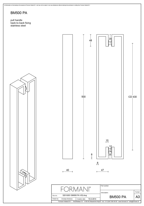Formani BM500 voordeurgreep mat roestvast staal, detail