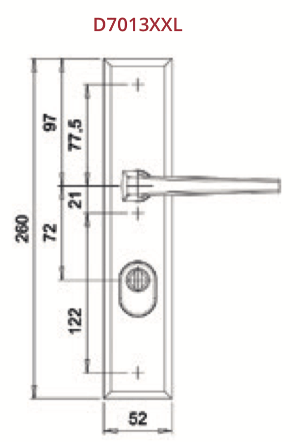 Dieckmann Alpha XXL renovatie achterdeurbeslag D7013 geborsteld RVS - technische maattekening